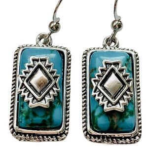 Aztec Geometric Shield Earrings with Faux Turquoise & Silver Tone Trim